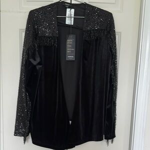 Torrid Black Sequin jacket Fringe beading Open Jacket Elegant velvet NWT